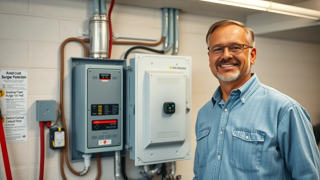 Homeowner standing beside electrical panel with modern surge protection for advanced home wiring protection Mississauga