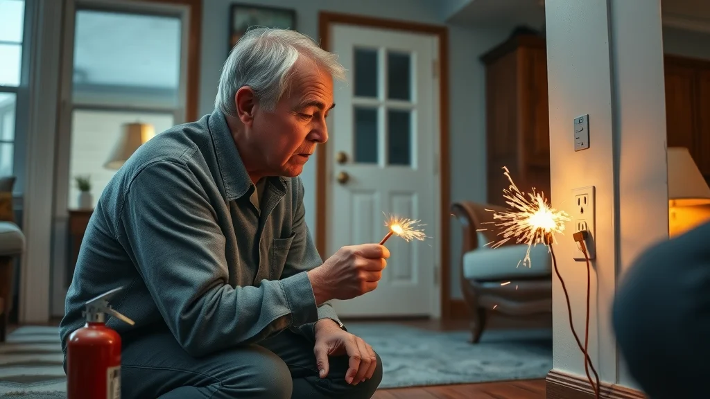 Sparking electrical outlet in Oakville home highlighting risks of knob and tube wiring, with concerned homeowner and fire extinguisher nearby