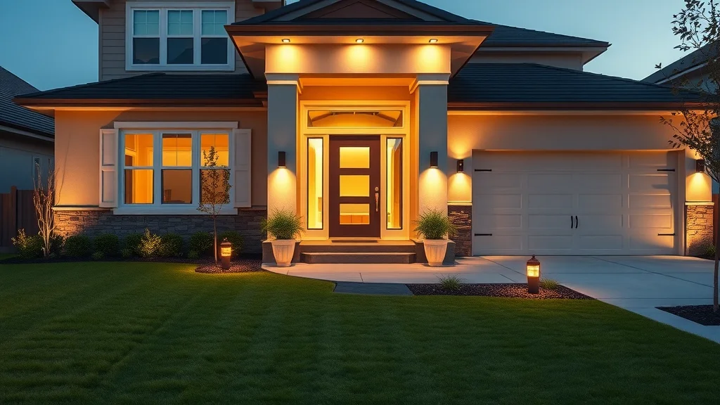 Suburban home exterior in Etobicoke with new outdoor pot lights illuminating entrance at dusk.