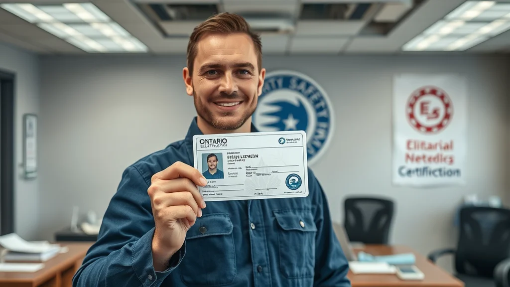 Ontario electrician proudly holding license card in front of Electrical Safety Authority sign, demonstrating ESA compliance.