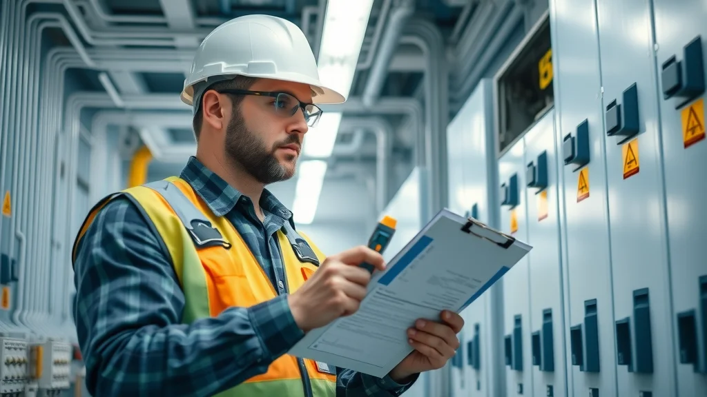 Certified electrician in Burlington completing a safety inspection with a checklist in a commercial utility room, emphasizing electrical safety standards.