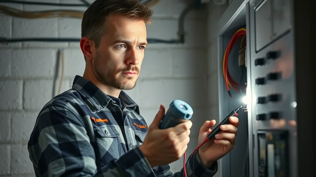 Experienced electrician in Oakville inspects residential electrical panel for storm or circuit issues—electrical service, safety, and repairs