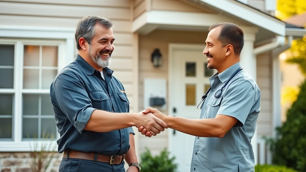 Homeowner shaking hands with electrician in front of renovated Etobicoke house, new electrical panel visible, daytime, safe and welcoming photorealistic environment.