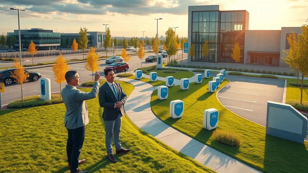 Forward-looking commercial campus in Mississauga with expanding modular EV charging stations, business leaders planning infrastructure, sunrise.