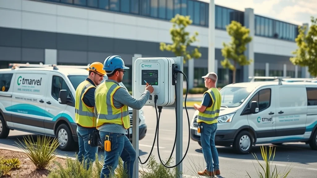 Commercial electrical team installing an EV charger beside a Burlington office building, demonstrating electric charger service in the surrounding area.