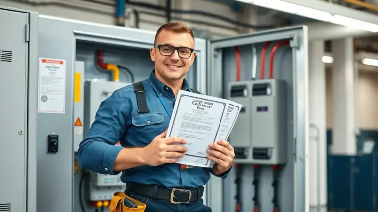 Confident Burlington electrician holding certification documents and standing beside an open control panel in a modern facility, demonstrating proper licensing for commercial electrical work.