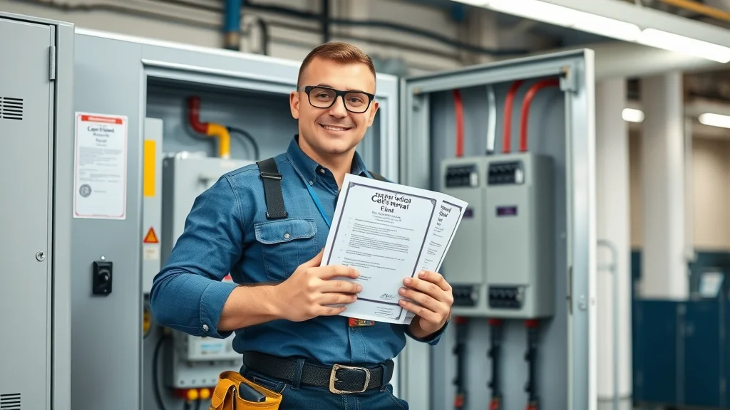 Confident Burlington electrician holding certification documents and standing beside an open control panel in a modern facility, demonstrating proper licensing for commercial electrical work.