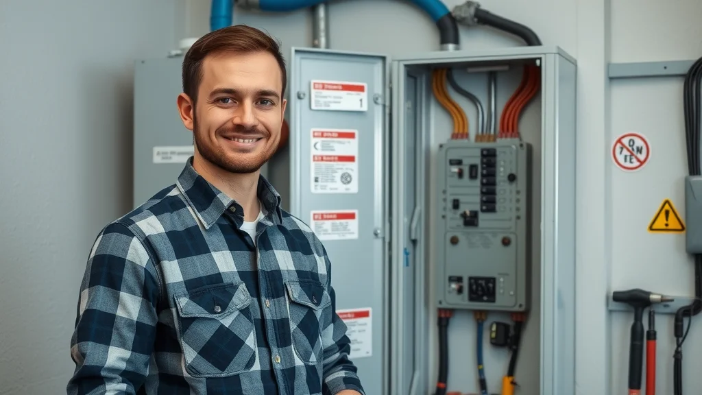 Confident electrician beside a safe, upgraded 200A electrical panel in Etobicoke home; focus on modern electrical panel upgrade and improved wiring organization