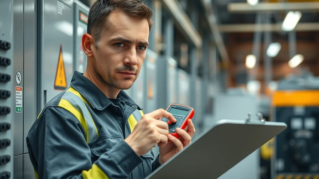 Technician with digital multimeter performing onsite electrical audit in a commercial panel – industrial electrical contractor Mississauga