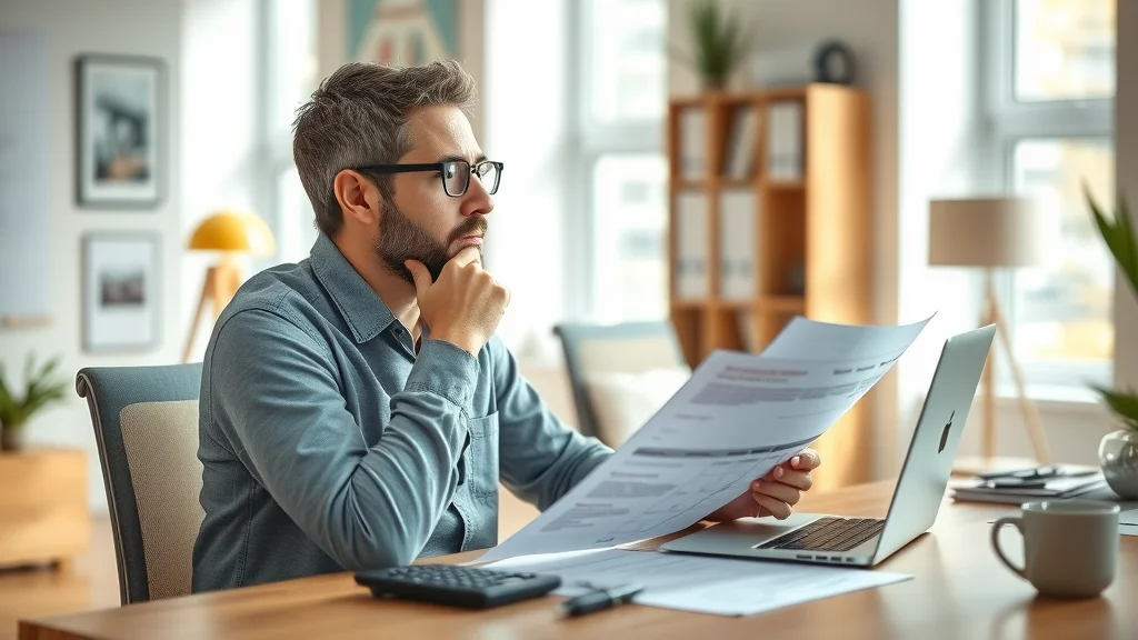 Small business owner in Burlington thoughtfully reviewing electrical contractor estimates at a desk, planning for commercial electrical work.