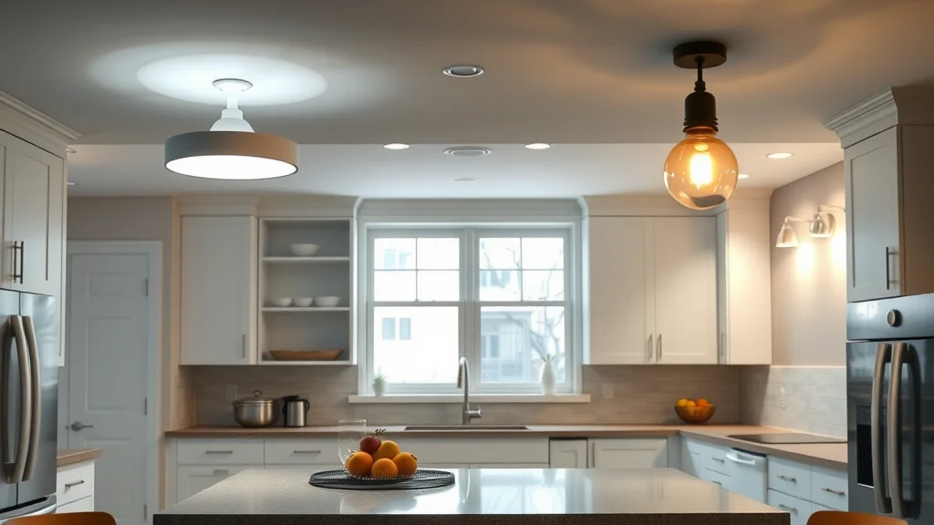 Comparison of modern LED pot lights and traditional light fixtures in a kitchen area for pot light installation Etobicoke.
