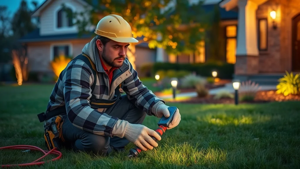 Professional electrician installing landscape lighting safely in a Burlington Ontario front yard, demonstrating expertise in outdoor lighting and electrical work.