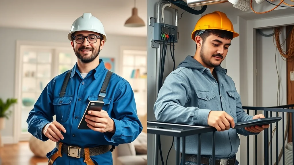 Split image of a licensed electrician in a blue uniform and badge working neatly, contrasted with a careless unlicensed worker handling exposed wires unsafely, representing the difference in safety and professionalism in Burlington Ontario.