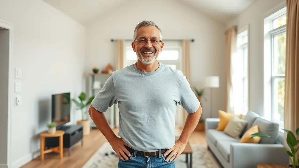 Oakville homeowner celebrating after successful knob and tube replacement, in a bright, fully renovated living room with new outlets and fixtures