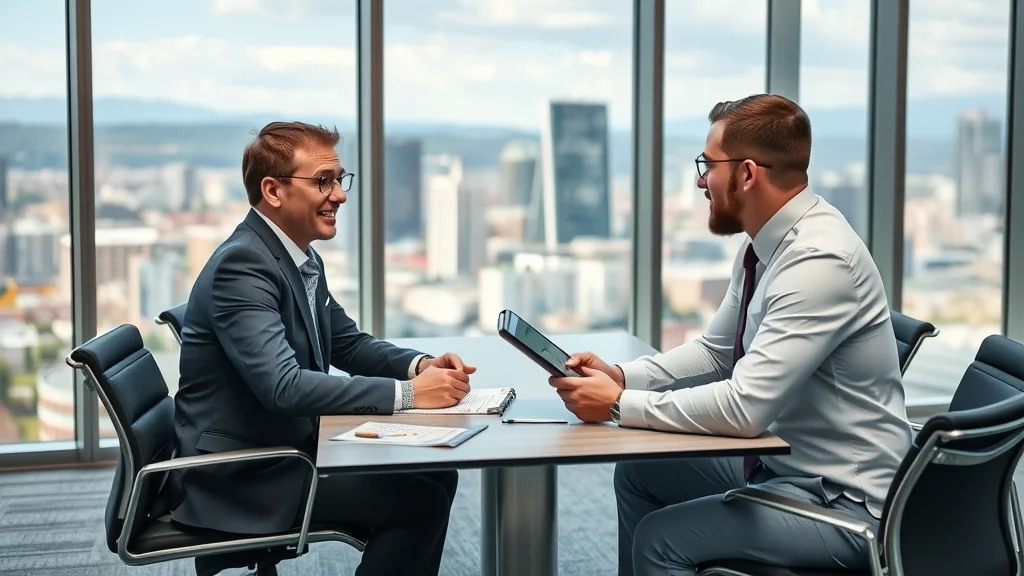 Business professional interviewing a commercial electrician in modern Burlington office, discussing qualifications and service agreements.