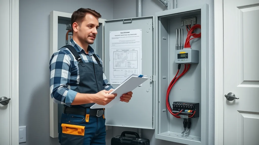 Professional electrician inspecting electrical panel with clipboard in modern Etobicoke home, clear tool bag and diagrams, photorealistic and well-lit.