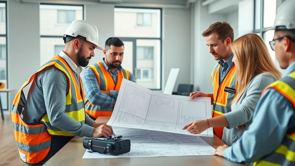 Professional team of electricians collaborating on a blueprint in a modern conference room – industrial electrical contractor in Mississauga