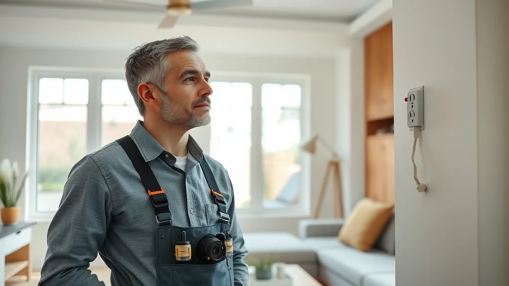 Licensed electrician examining wall outlet in Oakville home for aluminum wiring repair—modern living room setting.