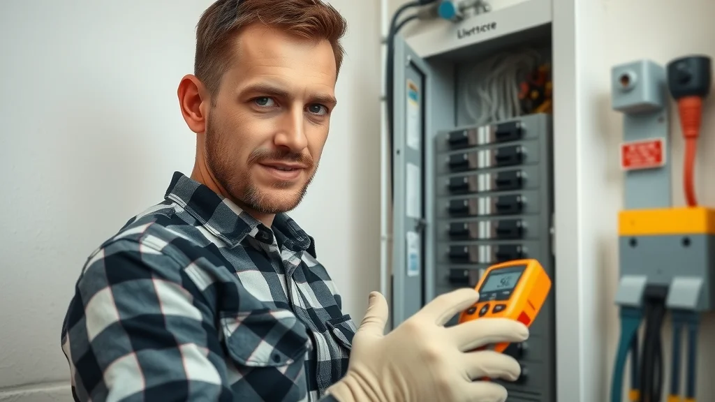 Professional licensed electrician inspecting a breaker panel with testing meters, ensuring safety and compliance in a Burlington Ontario residential utility room.