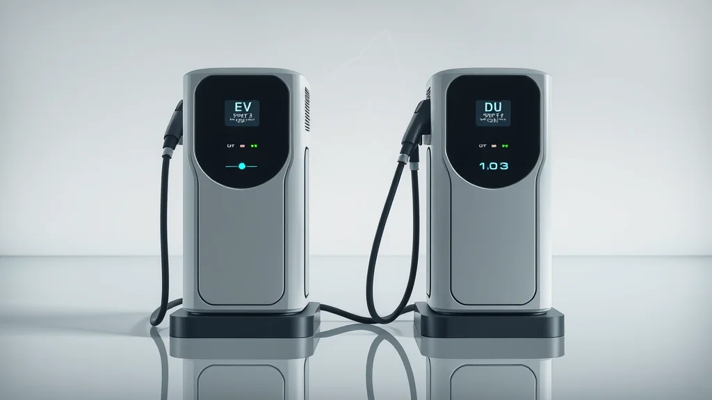 Close-up comparison of Level 2 and DC Fast EV charger models set against a subtle Mississauga map background, equipment focused, neutral tones.