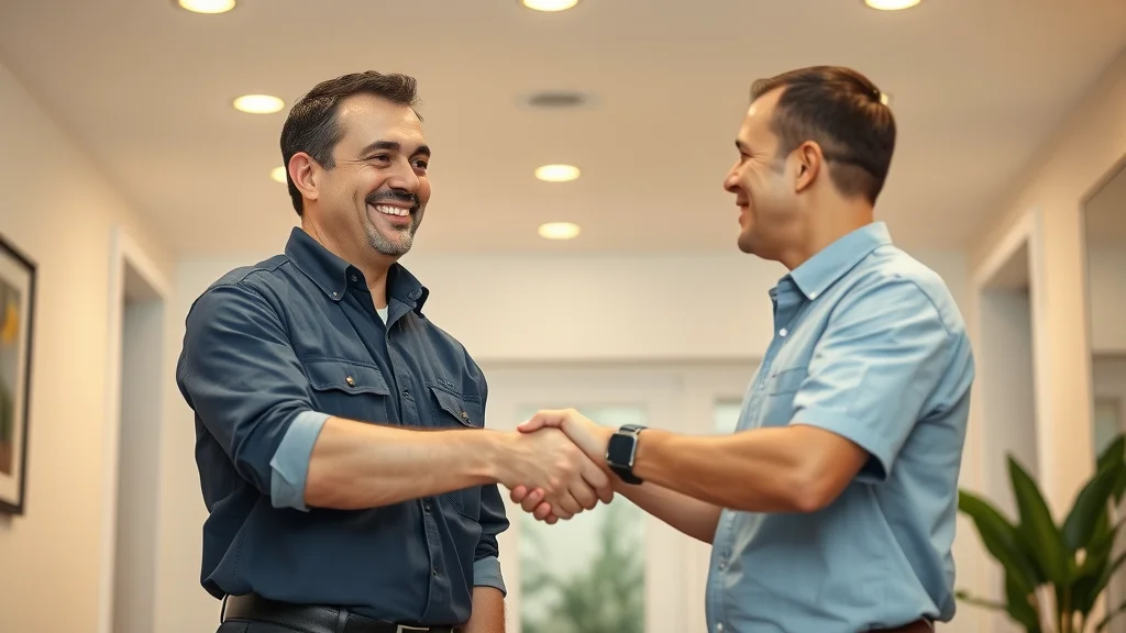 Happy customer shaking hands with a professional pot light installation service expert after completing a project in Etobicoke.