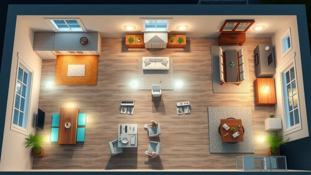 Home floor plan with ideal pot light placement zones highlighted for living room, kitchen, and outdoor entryway in Etobicoke.
