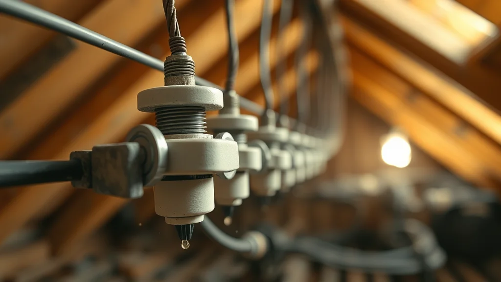 Close-up view of fragile knob and tube wiring with ceramic support in sunlit attic of Etobicoke home, detailed photorealistic textures and sunbeams highlighting aged components.