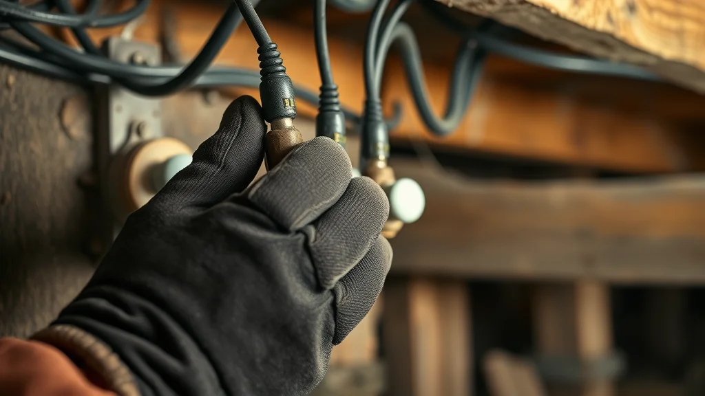 Close-up of knob and tube wiring system in an Oakville home, showing vintage porcelain knobs and black wires against old wooden beams