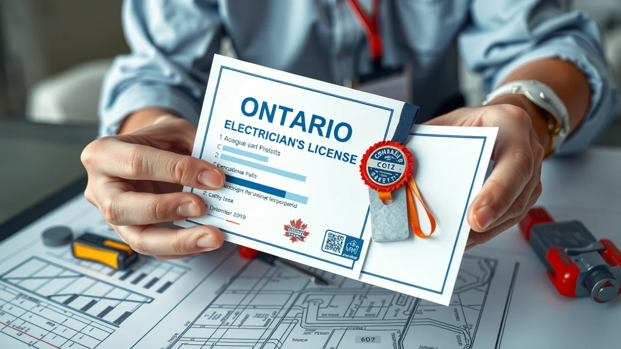 Close-up illustration of Ontario electrician's license and safety badge, hands holding documents, blueprints and electrical tools on desk in modern lighting