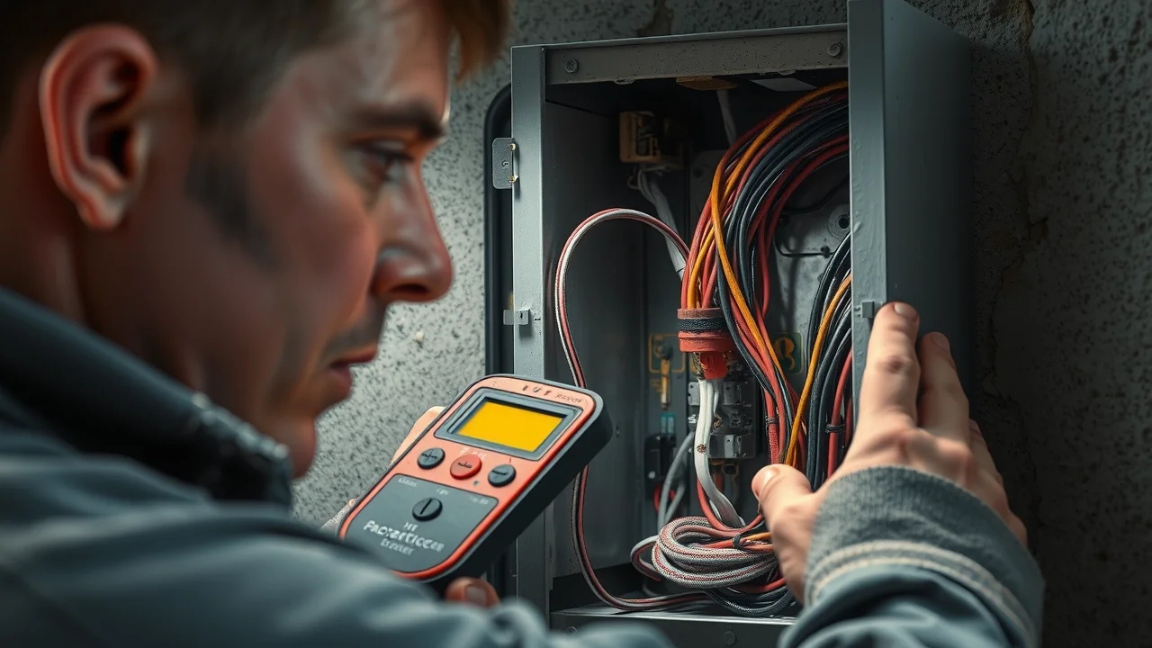 Electrical code violation: Technician using voltage tester on exposed wires in junction box during home inspection