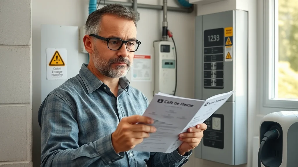 Responsible homeowner checking modern circuit breaker panel for EV charger safety, neat utility area with safety checklist and EV charger graphics, photorealistic, with soft daylight.