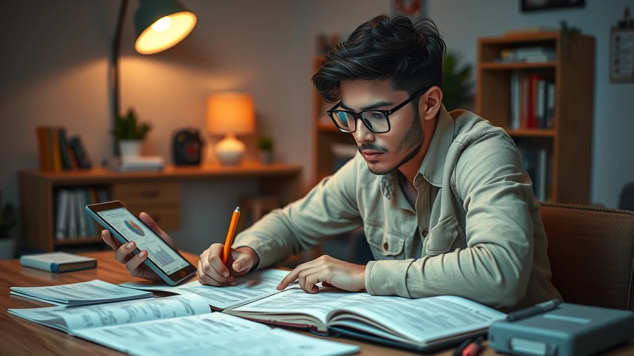 Focused young adult studying for electrician exam, at desk with books, codebooks, and iPad showing electrical diagrams, cozy home study, warm lamp light