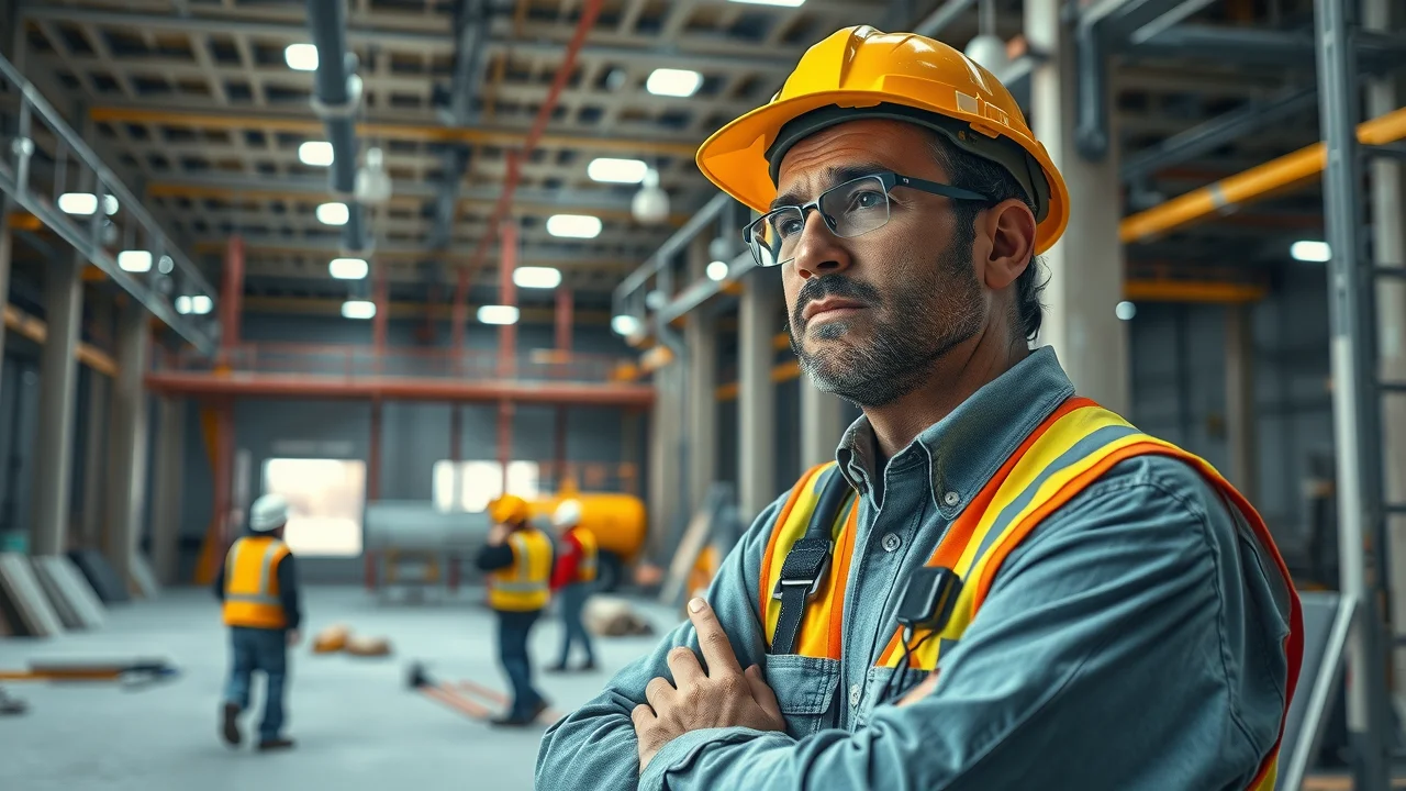 Master electrician supervising project, observing team installing complex wiring at commercial worksite, construction yellows and blues, dynamic scene, sharp focus