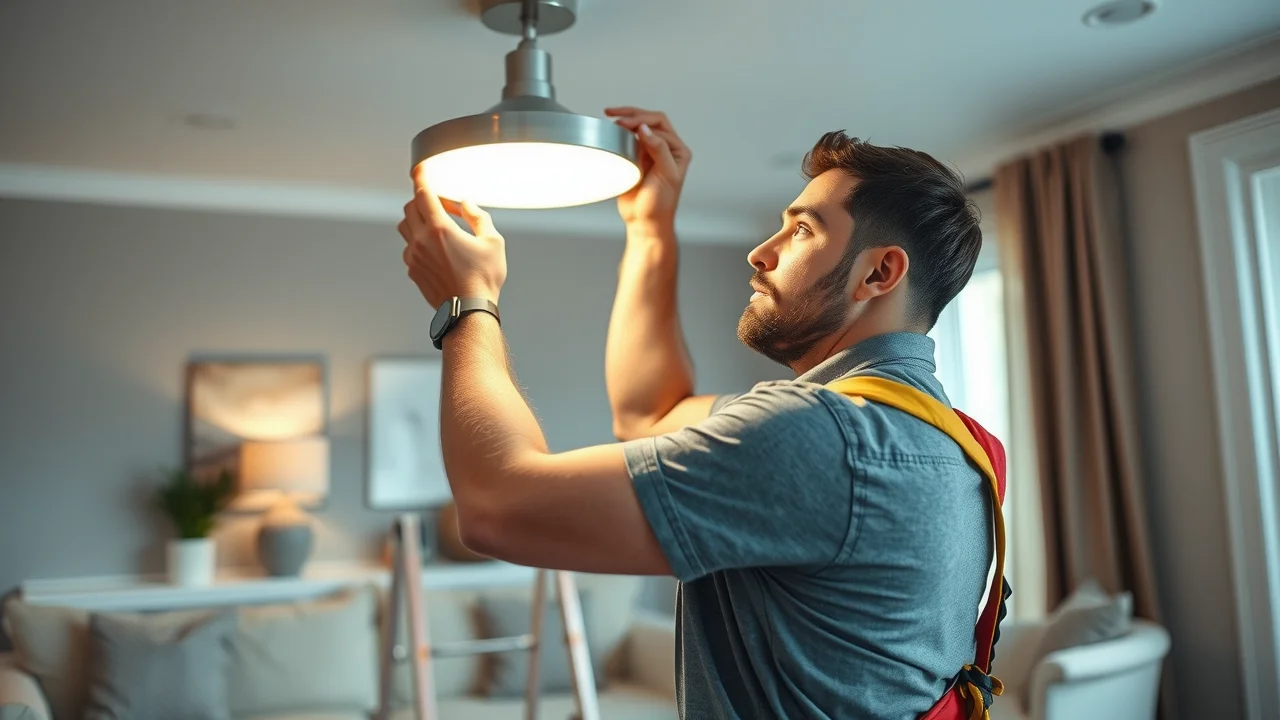 Electrician in an Etobicoke living room installing a new energy-efficient light fixture, helping reduce future wiring costs and labour charges.