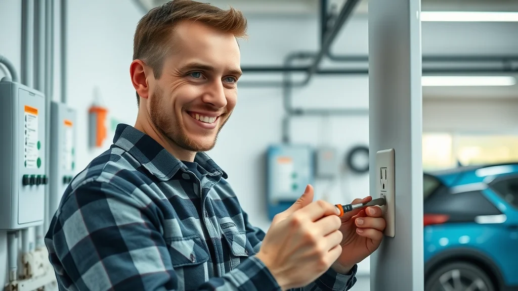 Professional electrician inspecting a wall outlet for plug-in EV charger installation, modern garage with EV in background, clear labels on breaker panels and organized cabling.
