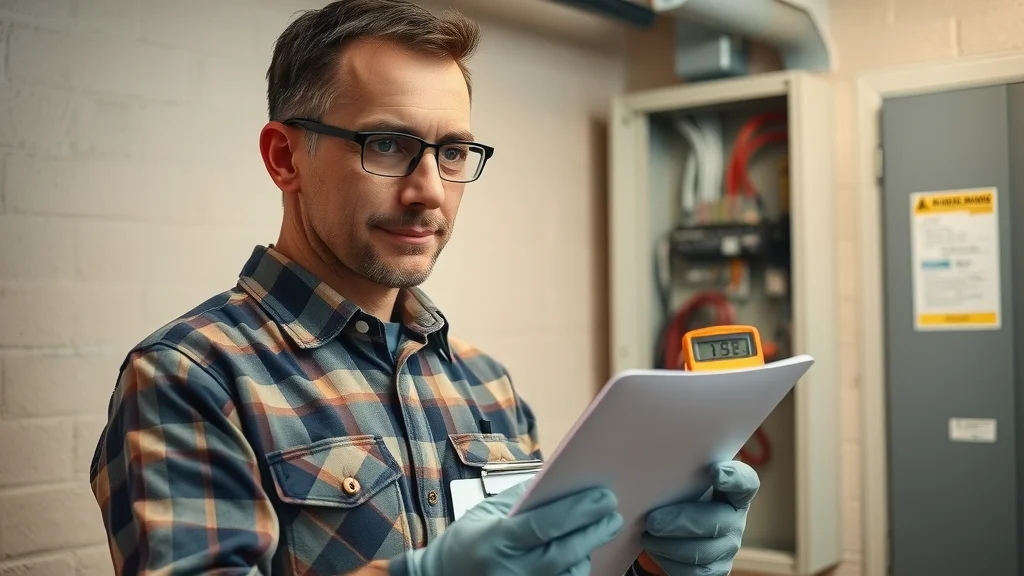 Home inspector using checklist and digital multimeter to identify electrical code violations during inspection