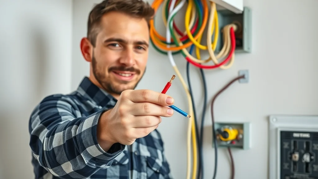 Close-up of insulated, color-coded modern wiring with visible ground wire, professional electrician demonstrating, modern electrical wiring system