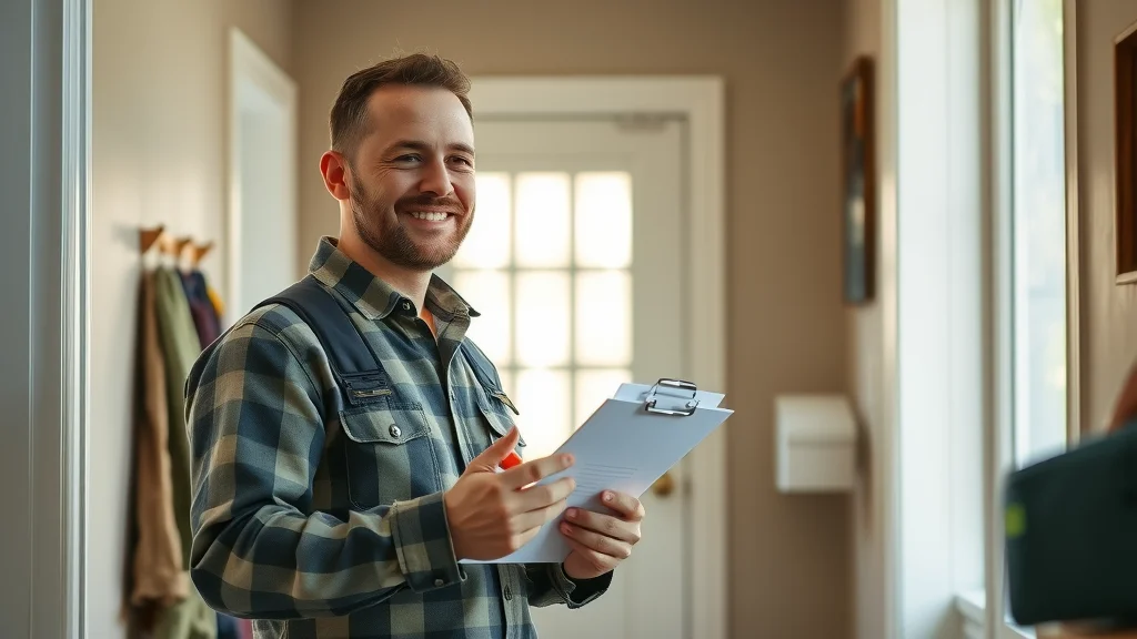 Residential electrician with clipboard evaluating an Etobicoke house entryway, beginning the assessment phase of a rewiring project.