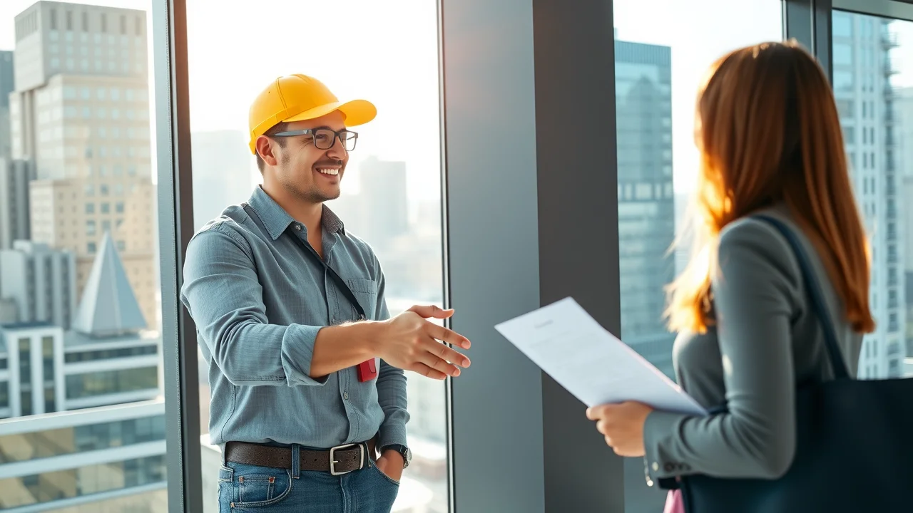 Optimistic electrician shaking hands with business client, modern office, sunlit cityscape in background, digital paperwork, business blue and gray colors