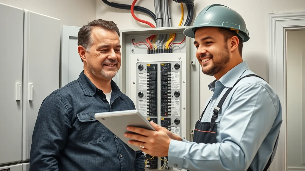 Safe modern electrical panel: Homeowner and electrician reviewing compliant electrical installation after code violation fixes