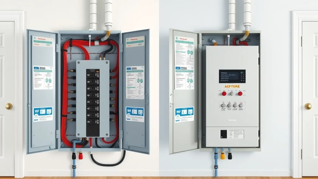 Before and after electrical panel upgrade comparing old 100 amp panel to new 200 amp panel with clean wiring