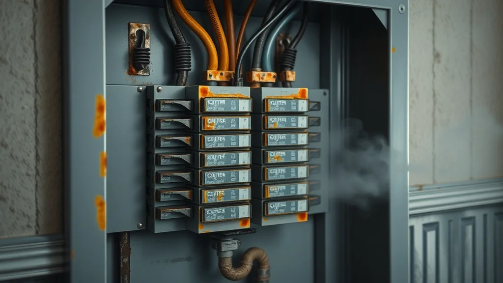 Electrical panel with signs of overheating from aluminum wiring and fire hazard risk