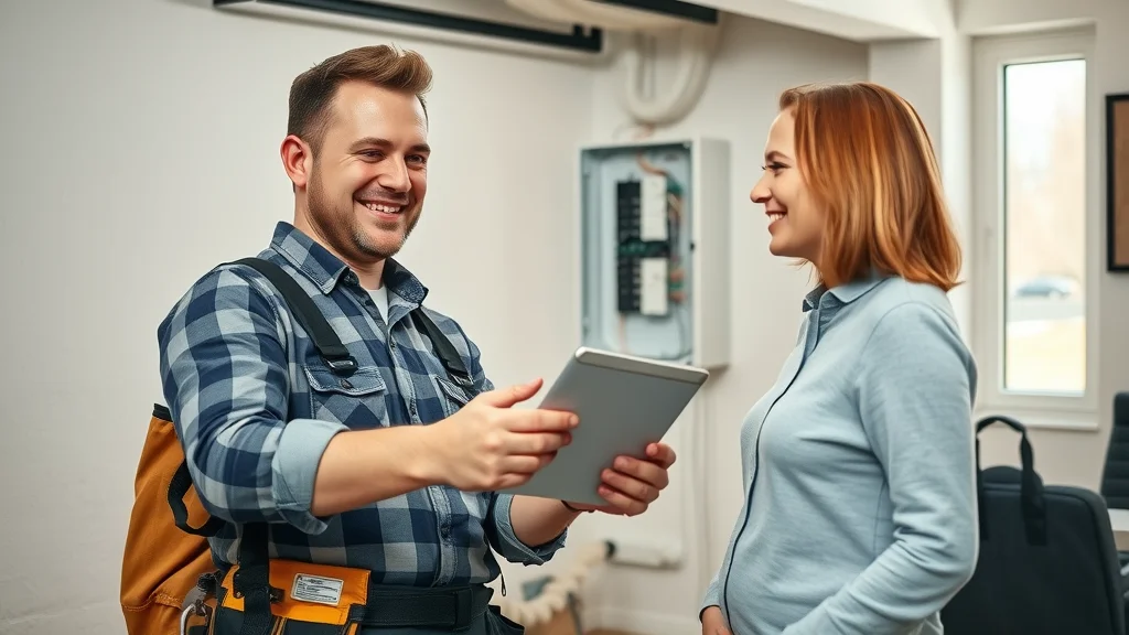 Trustworthy licensed electrical contractor reviewing panel with homeowner for code compliance