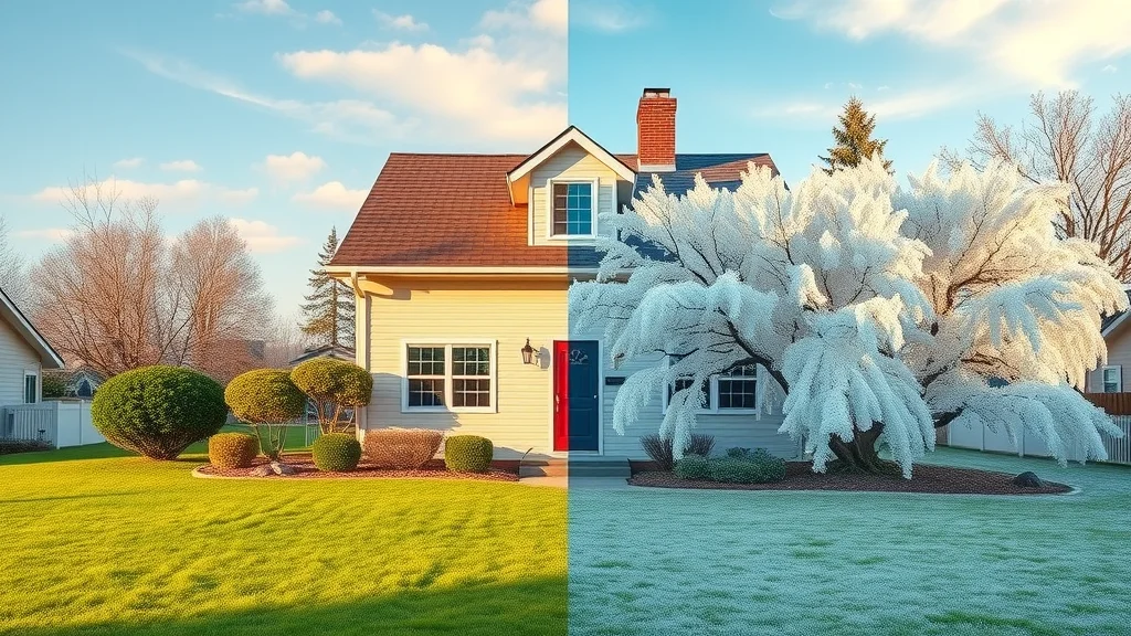 Split-image showing a home with central air and a heat pump operating in summer and winter, respectively, highlighting regional climate suitability