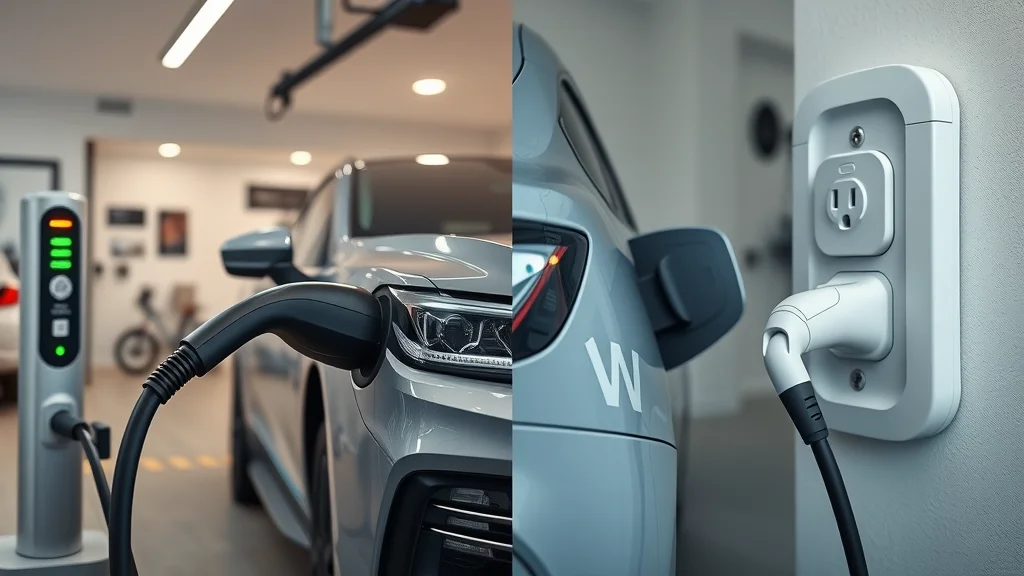 Side-by-side comparison of hardwired and plug-in EV chargers in use, photorealistic rendering showing heavy-duty cabling and outlets, EVs charging in modern garages, sharp reflections and clear setup differences.
