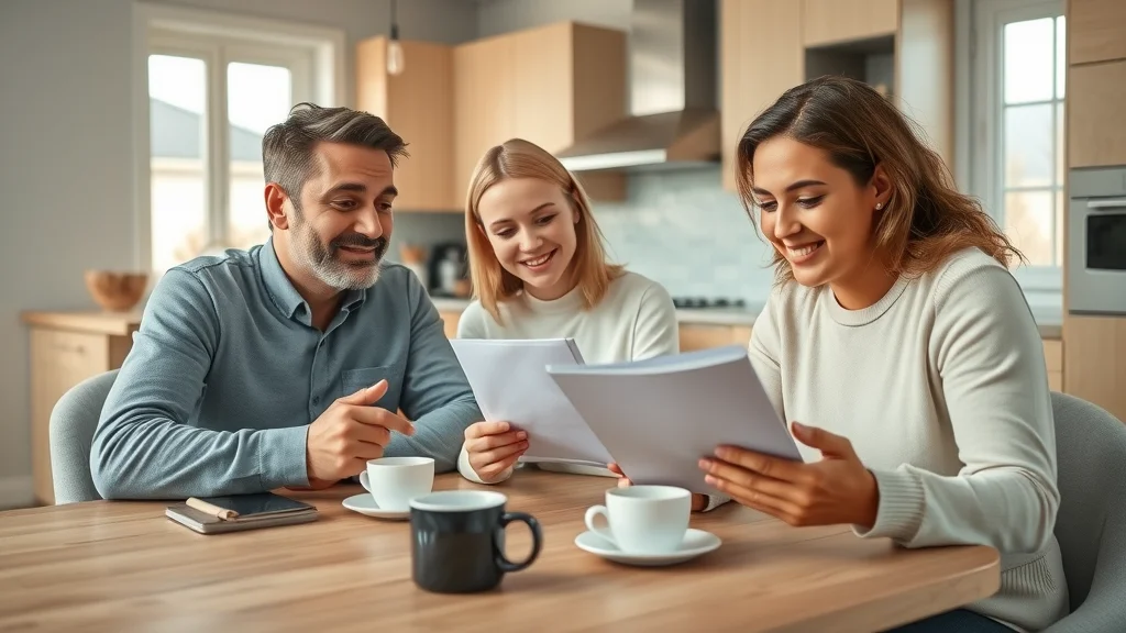 Diverse Etobicoke homeowners and a residential electrician sitting at a kitchen table, reviewing detailed rewiring quotes to avoid hidden costs.