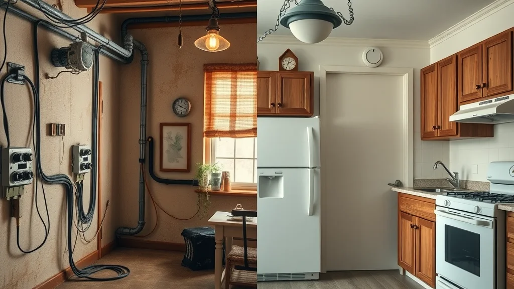 Split view of knob and tube vs modern wiring powering appliances, differences in wiring types, compatibility and safety