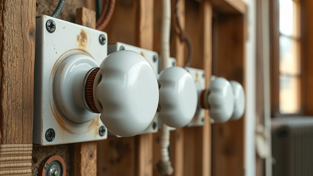 Close-up of porcelain knobs and tube wires with cloth-insulated copper wire, high realism, in old home wall, knob and tube wiring components