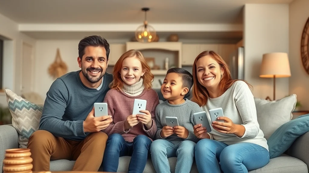 Happy Etobicoke family in their newly rewired and upgraded living room, enjoying modernized outlets and lighting fixtures.
