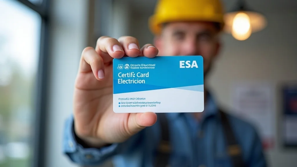 ESA certified electrician Oakville holding official Electrical Safety Authority certification card, photorealistic, modern office, compliance posters blurred background